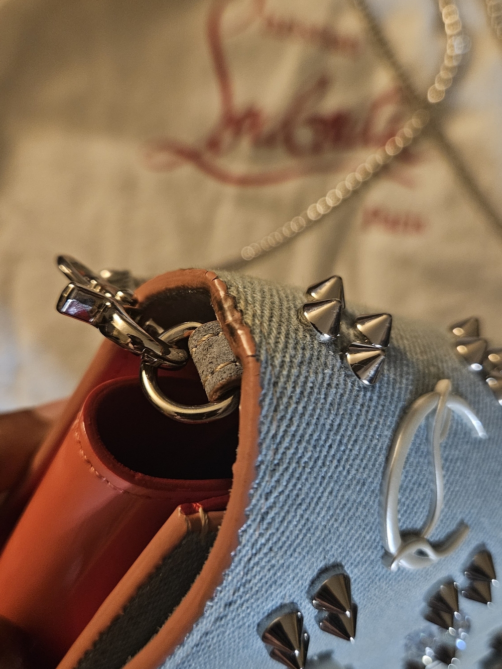 CHRISTIAN LOUBOUTIN Paloma The Sky Blue Denim Embellished Clutch Bag Crossbody - Picture 11 of 12